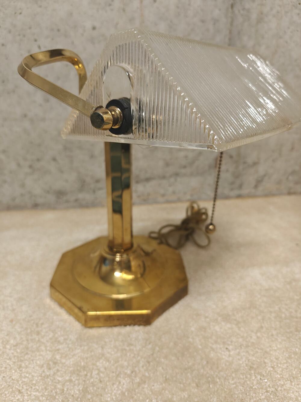 Vintage Brass Desk Lamp with Clear Ribbed Glass Shade